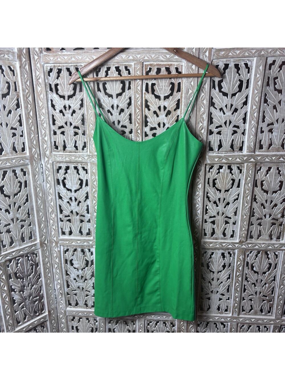 Amanda Uprichard Rocco Green Faux Leather Spaghetti Strap Party Mini Dress S